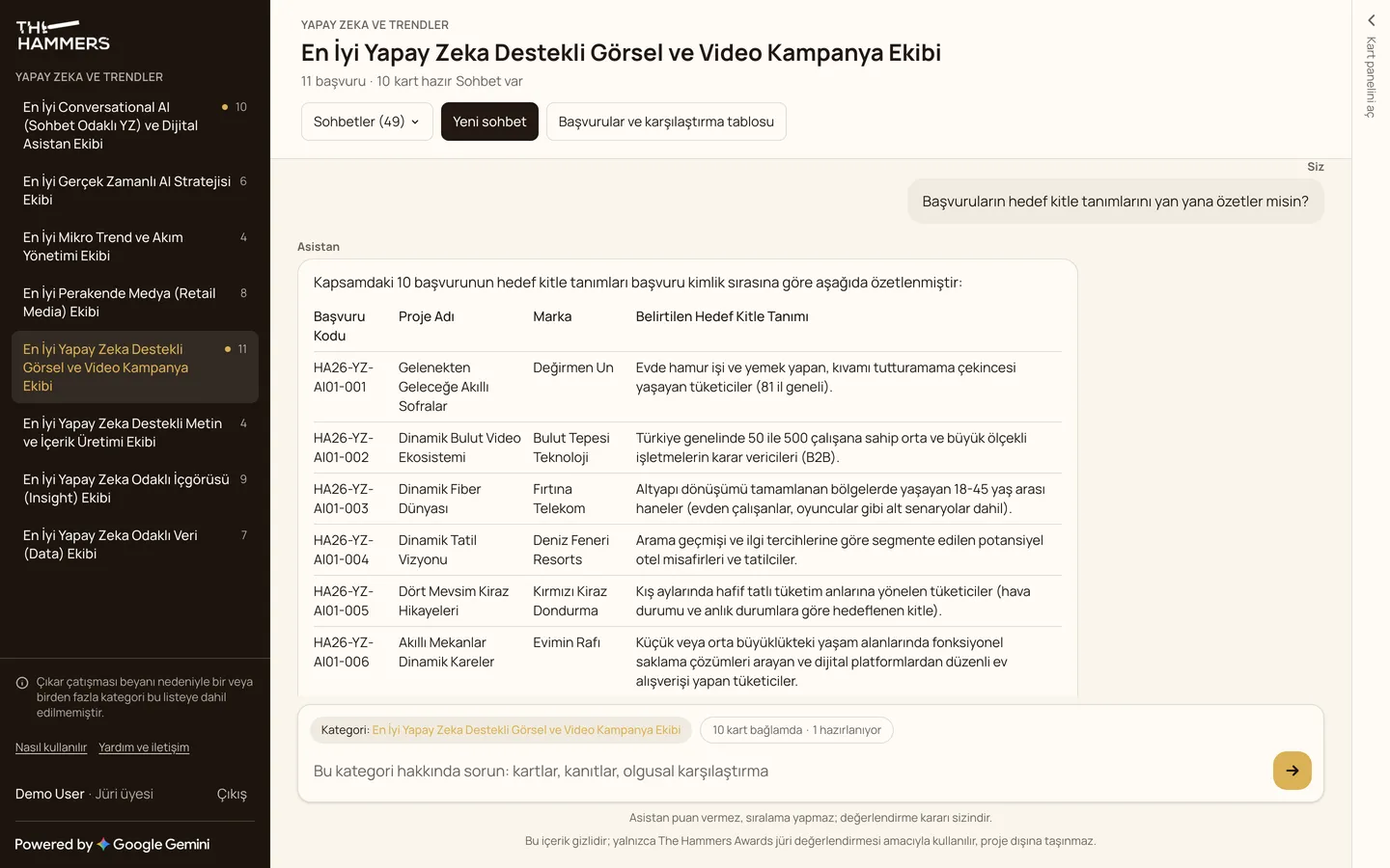 Category chat answering from evidence cards, synthetic demo data